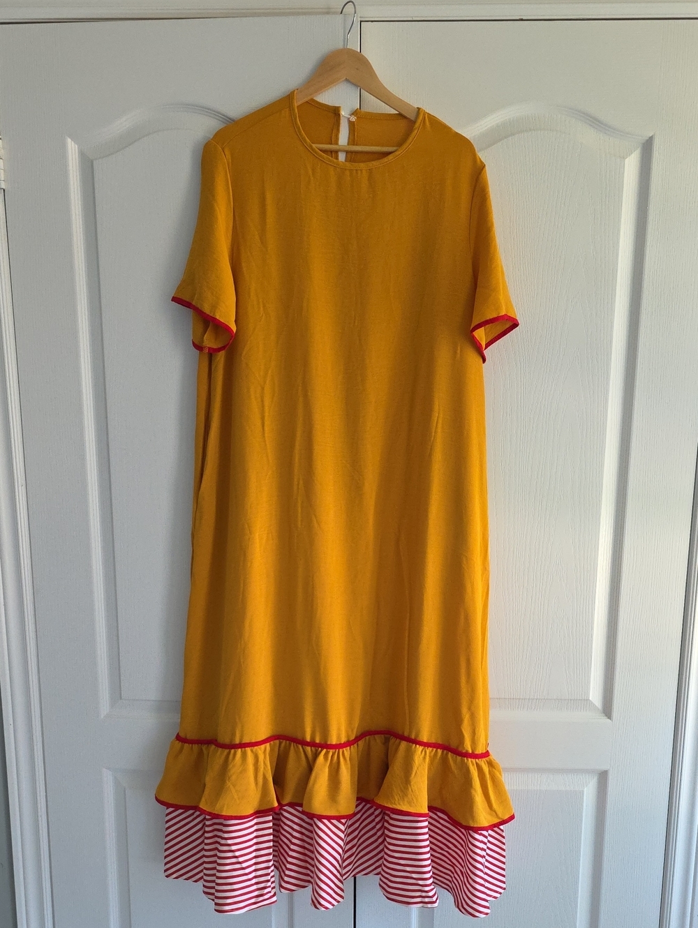 Mustard Yellow Ruffle-Hem Maxi Dress with Red Trim With Pockets